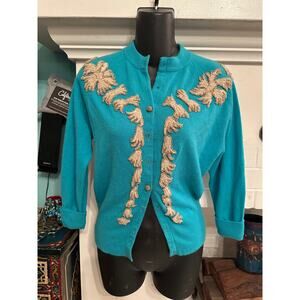 INCREDIBLE VINTAGE UNIQUE TURQUOISE BEADED CARDIGAN SWEATER S/M